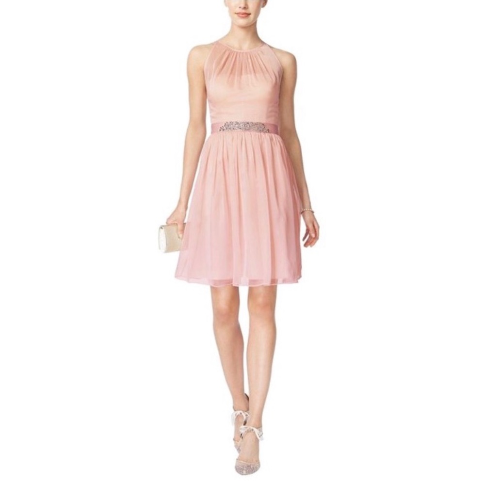 Adrianna Papell Blush Belted Chiffon Halter Dress